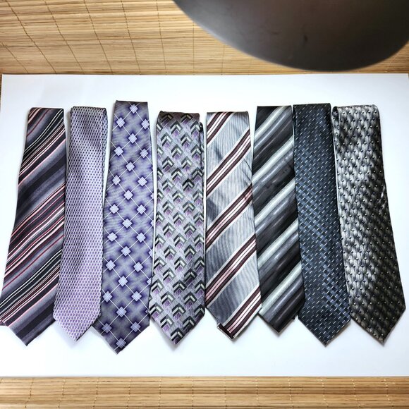 Lot of Seven Neckties Mens Greys Blacks Purples Pinks Various Designs and Makers - Picture 1 of 13